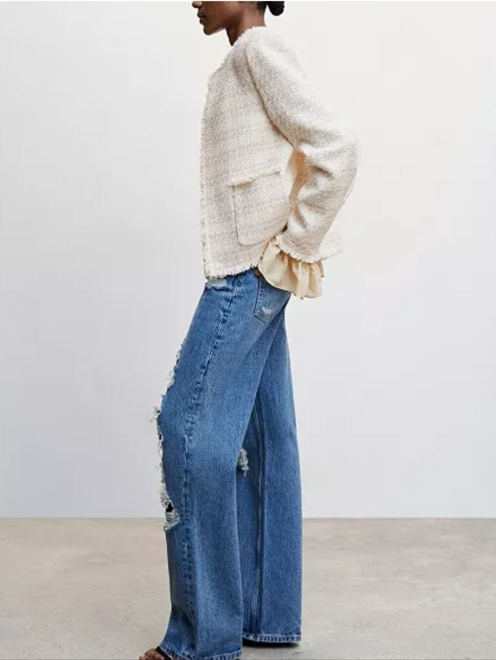 Mango Cream Tweed Collarless Jacket with Ruffle Cuffs (Removable) - Picture 15 of 15
